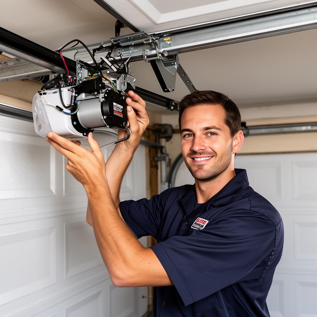 Experienced garage door technician adjusting opener motor